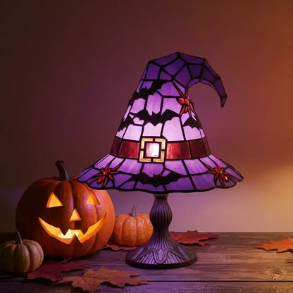 Witch Hat Stained Glass Lamp with Cobweb Pattern, Gothic Halloween Accent Lamp, Bat or Skull Design