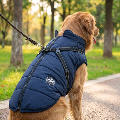 DryPaw Waterproof Dog Coat with Fleece Lining, Built-In Harness and Reflective Hood