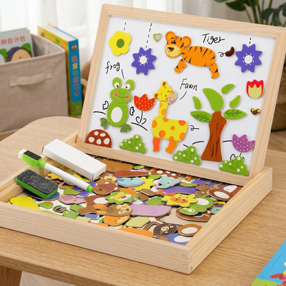 2-in-1 Wooden Magnetic Whiteboard and Chalkboard for Kids, Travel-Friendly Design