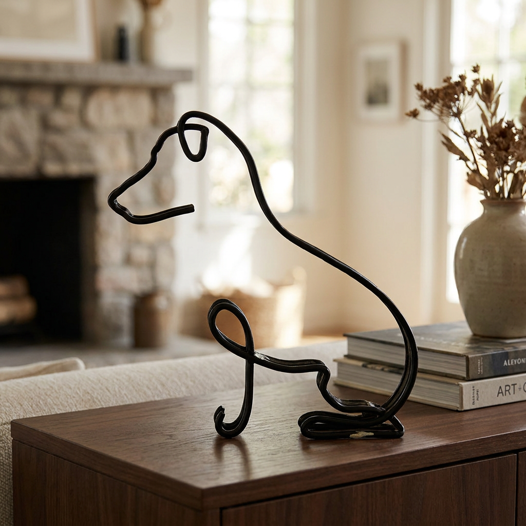 Modern Wireframe Dog Figure, Handcrafted Steel Sculpture for Home and Office Decor
