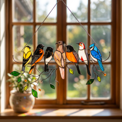 Stained Glass Hanging Bird Art with Colorful Spring Birds Suncatcher Design Motif