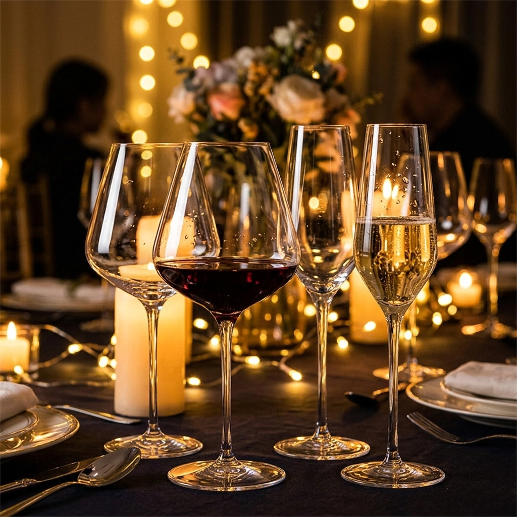Handmade Crystal Wine and Champagne Glasses Set with Refined Elegant Table Design