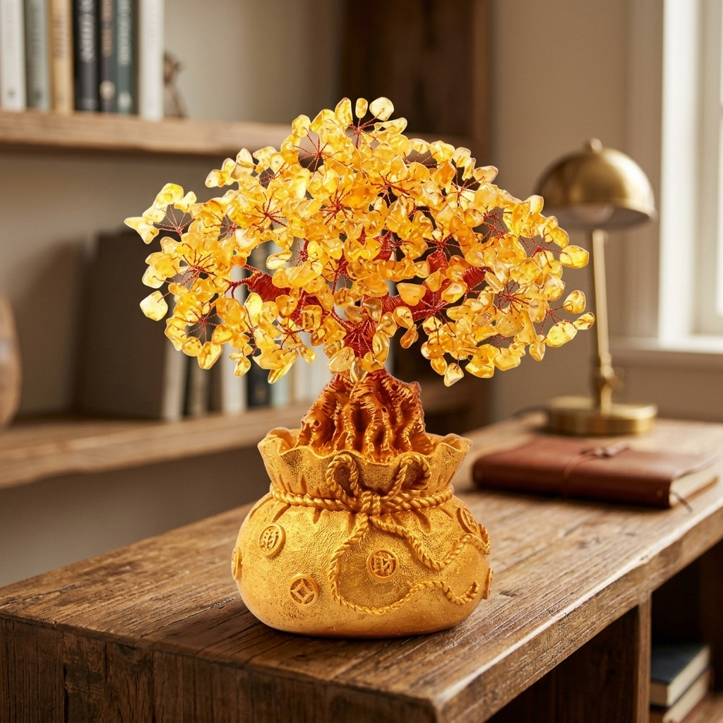 Citrine Money Tree Gemstone Ornament for Feng Shui Home and Office Decor Gifting