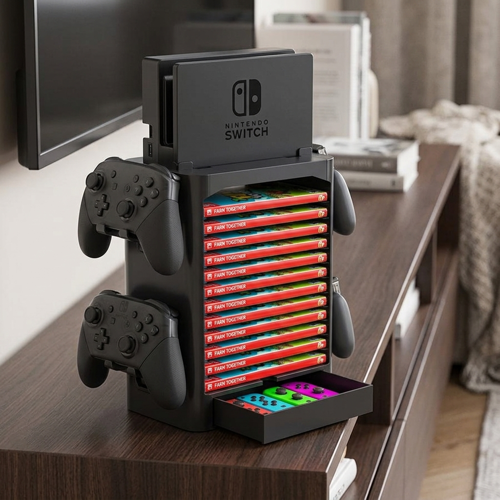 Nintendo Switch Storage Stand with Game Slots and Controller Hooks Organizer Tower