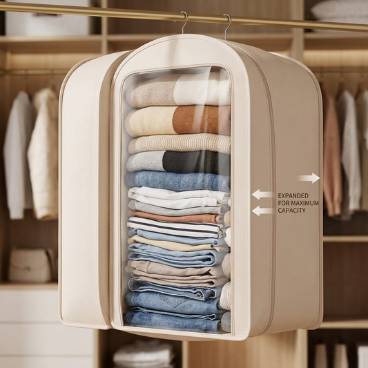 Hanging Garment Storage Bag with Automatic Compression, No Vacuum Pump Required Ever