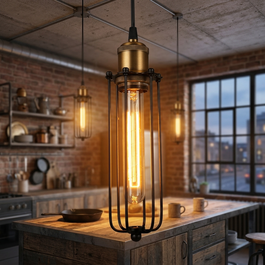 Vintage Cage Pendant Light with Industrial Metal Frame for Kitchens and Dining Rooms