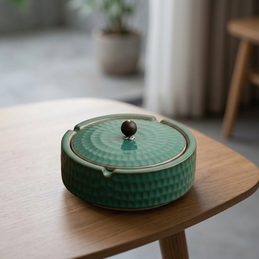 CalmNest Minimalist Ceramic Ashtray With Wooden Lid