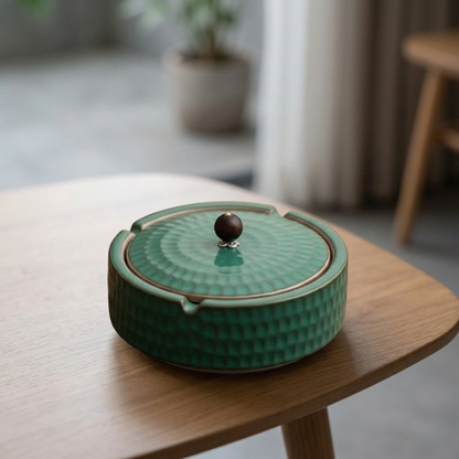CalmNest Minimalist Ceramic Ashtray With Wooden Lid