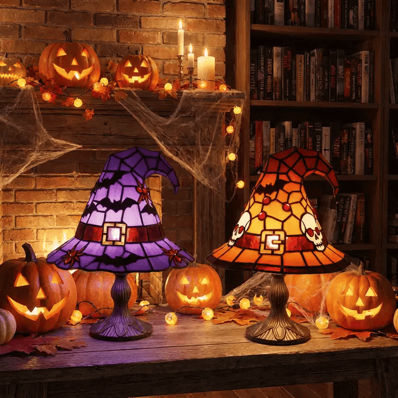 Witch Hat Stained Glass Lamp with Cobweb Pattern, Gothic Halloween Accent Lamp, Bat or Skull Design