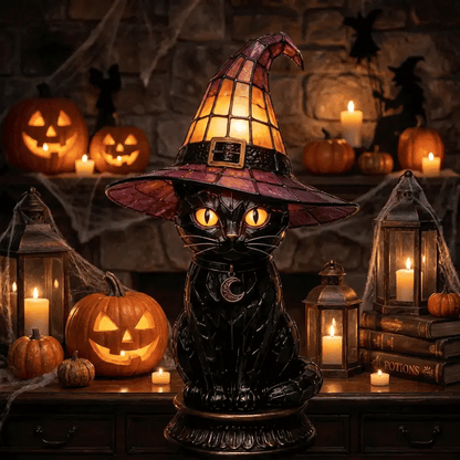 Stained Glass Witch Hat Lamp, Halloween Animal Accent Lamp with Resin Base in 7 Gothic Designs