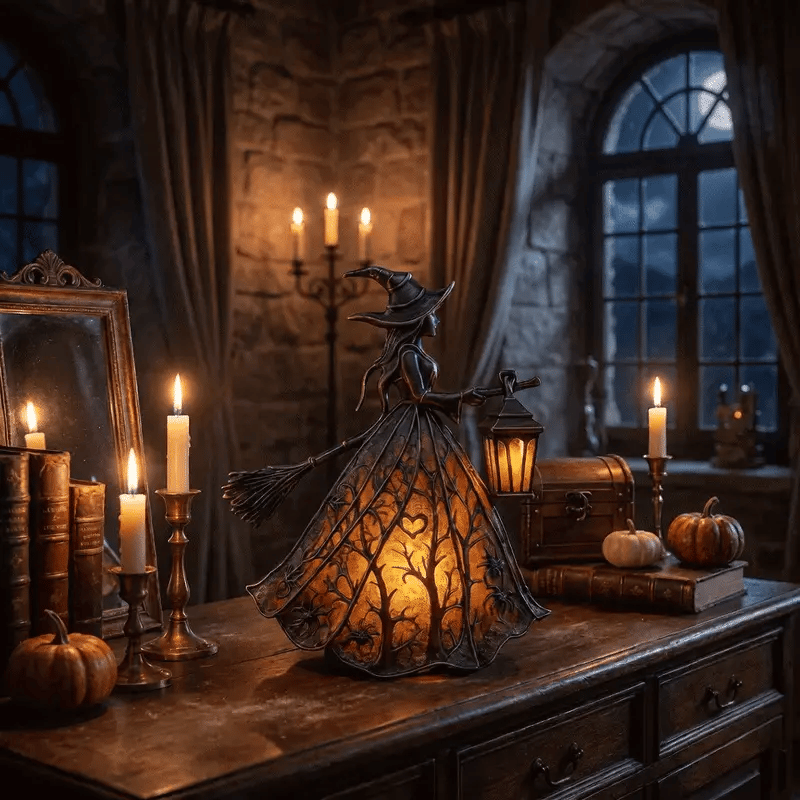 Glowing Witch Lantern Lamp, Battery LED Gothic Resin Witch Sculpture with Glowing Skirt and Broom