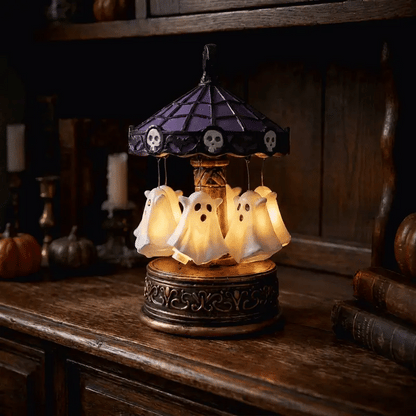 Rotating Ghost Carousel Night Light, Rechargeable Halloween Table Lamp with Bat and Skull Canopy