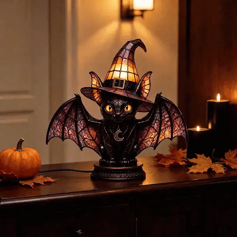 Bat Wing Black Cat Stained Glass Witch Hat Lamp, Gothic Halloween Accent Lamp with Bronze Base