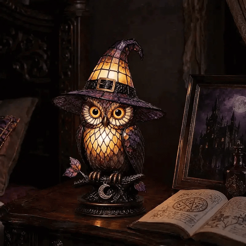 Owl Stained Glass Witch Hat Lamp, Gothic Halloween Accent Lamp with Resin Owl and Bronze Base