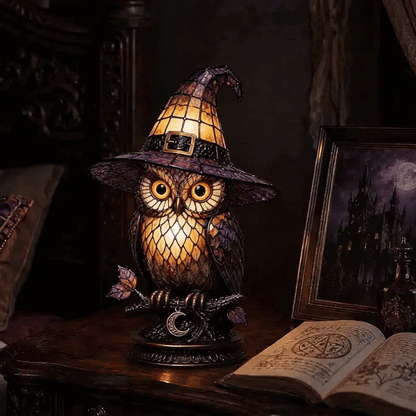 Owl Stained Glass Witch Hat Lamp, Gothic Halloween Accent Lamp with Resin Owl and Bronze Base