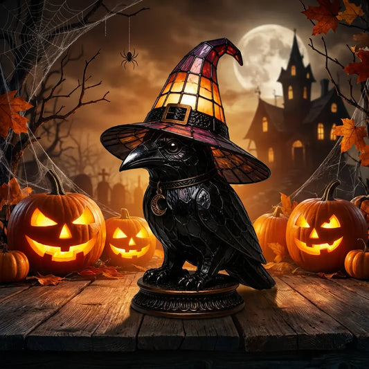 Raven Stained Glass Witch Hat Lamp, Gothic Halloween Accent Lamp with Resin Raven and Bronze Base