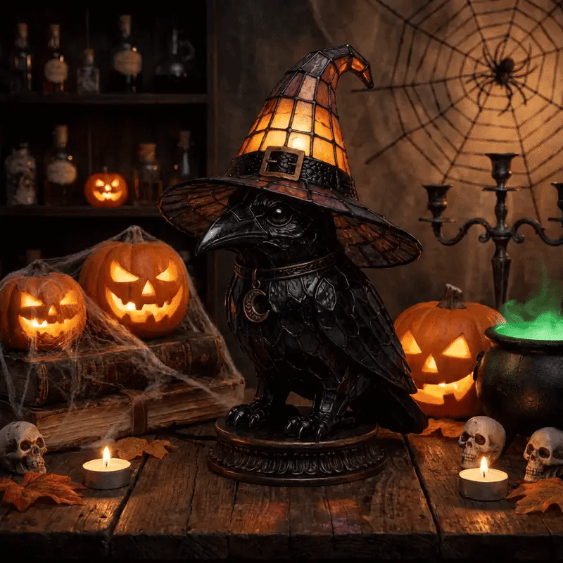 Raven Stained Glass Witch Hat Lamp, Gothic Halloween Accent Lamp with Resin Raven and Bronze Base