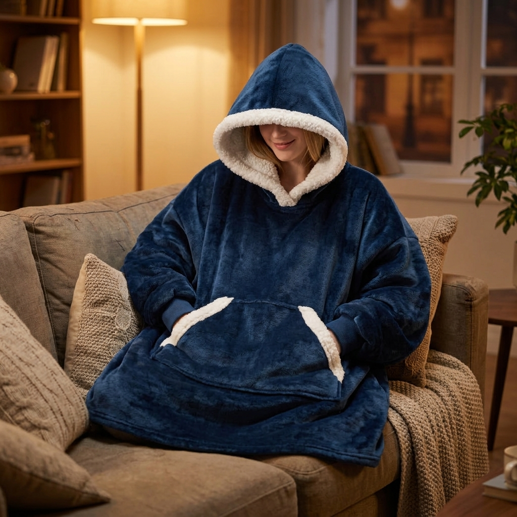 Wearable Cozy Blanket Hooded Blue with Pockets lifestyle
