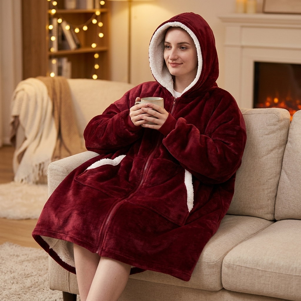 Wearable Cozy Blanket Hooded Red Fastened lifestyle