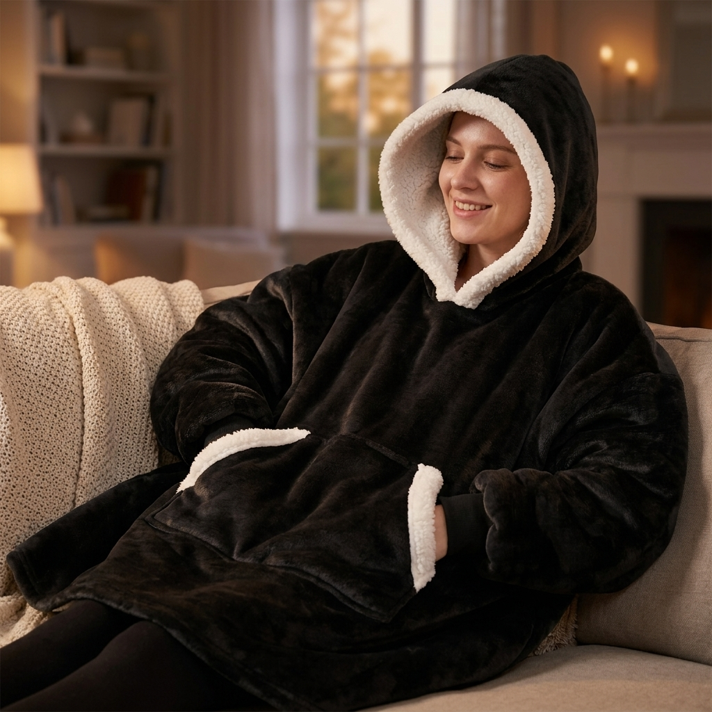 Wearable Cozy Blanket Hooded Black with Pockets lifestyle