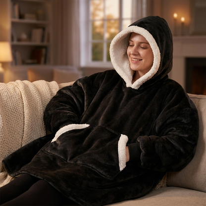 Wearable Cozy Blanket Hooded Black with Pockets lifestyle