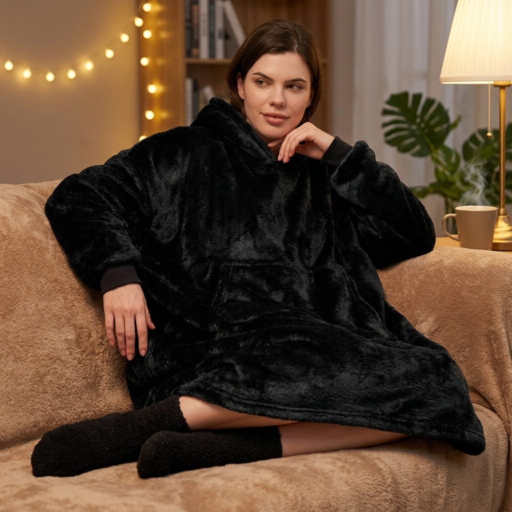 Wearable Cozy Blanket Hooded Black lifestyle