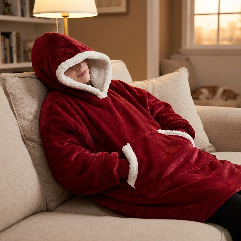 Wearable Cozy Blanket Hooded Red with Pockets lifestyle