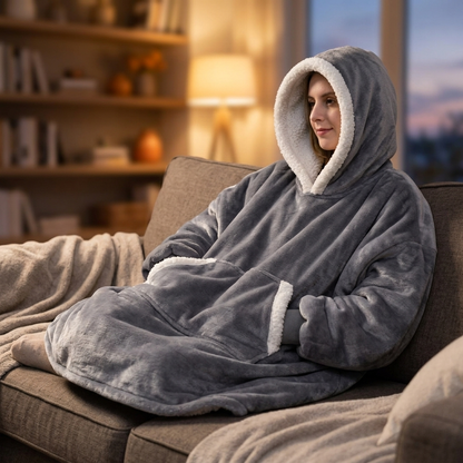 Wearable Cozy Blanket Hooded Grey with Pockets lifestyle