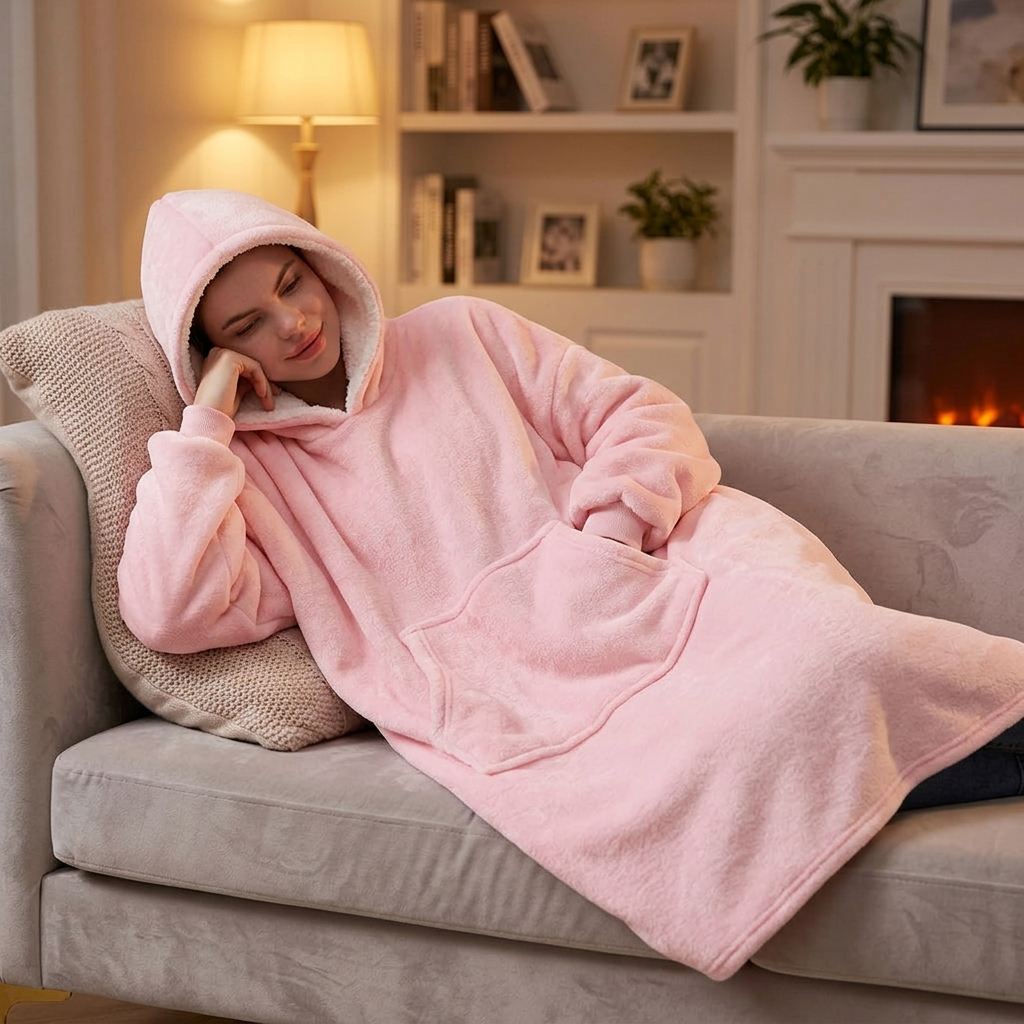 Wearable Cozy Blanket Hooded Light Pink lifestyle