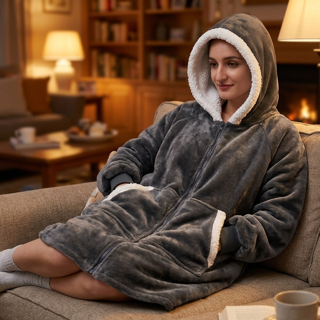 Wearable Cozy Blanket Hooded Grey Fastened lifestyle