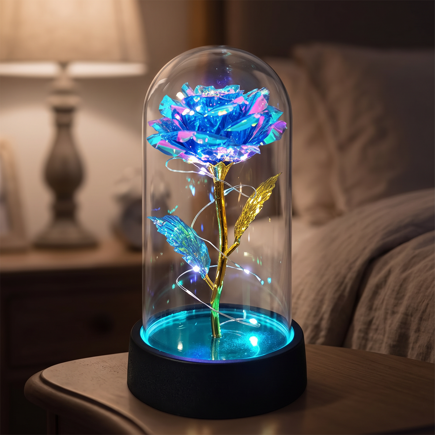 Rose glass dome lamp - Blue Colored Light - lifestyle