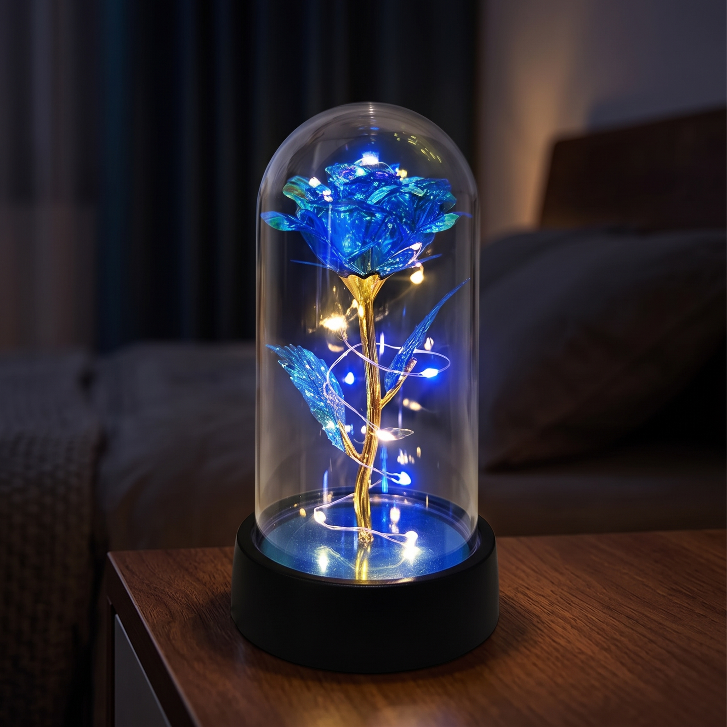 Rose glass dome lamp - Blue Warm Light - lifestyle