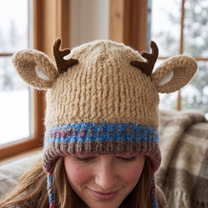 Women's Knit Reindeer Ear Flap Winter Beanie Hat with Antler Details and Braided Ties