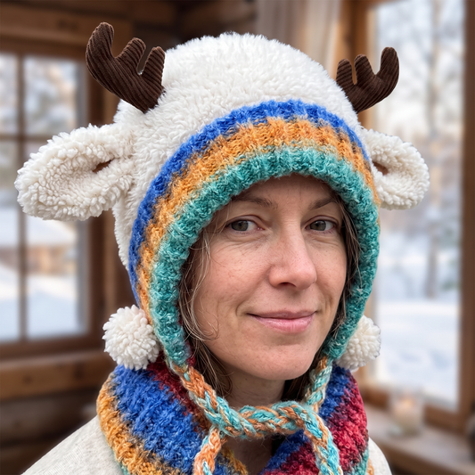 Women's Knit Reindeer Ear Flap Winter Beanie Hat with Antler Details and Braided Ties