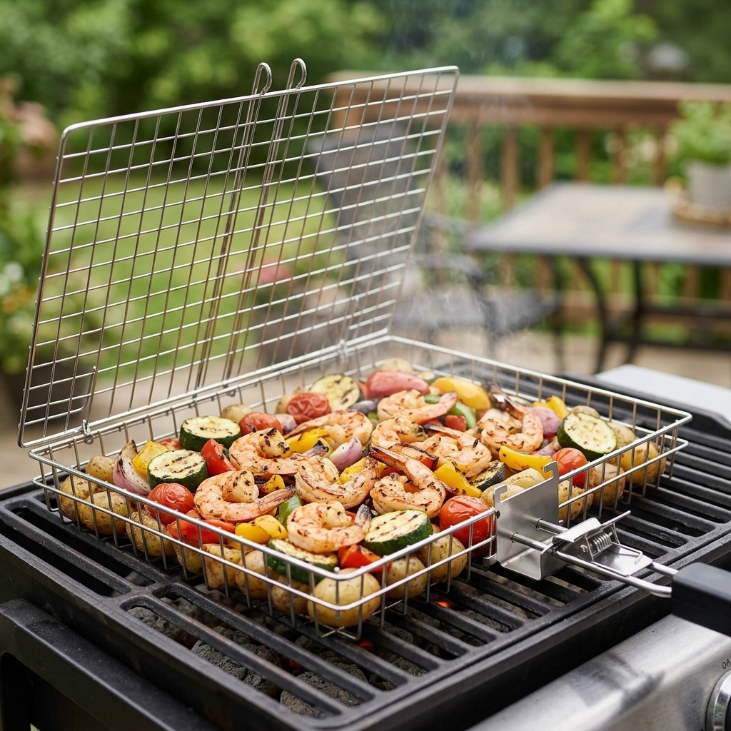 Stainless steel grill basket on barbecue b12-a2d8ac48