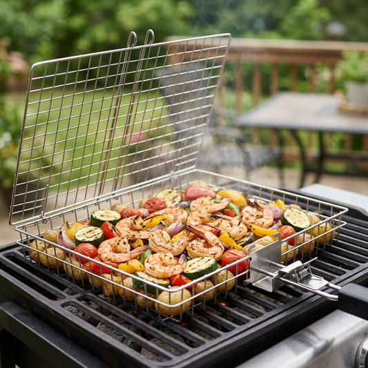 Stainless steel grill basket on barbecue b12-a2d8ac48