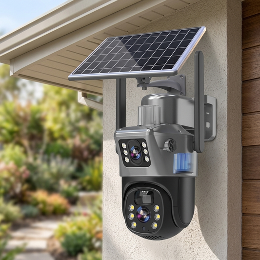 Solar security camera mounted on house wall b12-58df6d8c