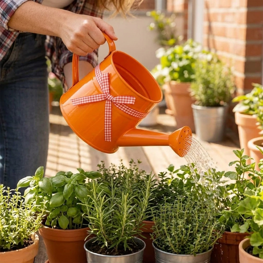 Orange metal watering can on balcony b12-b440c5f6
