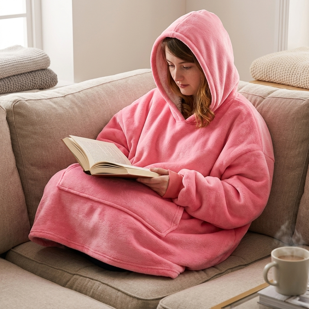 Pink blanket sweater hoodie worn on sofa b12-1e4a426c