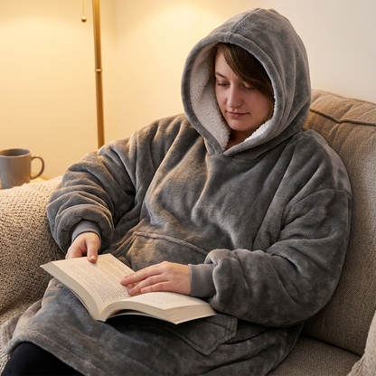 Gray blanket sweater hoodie worn on sofa b12-5eb7fbf6
