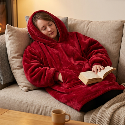 Red blanket sweater hoodie worn on sofa b12-3c2816f5