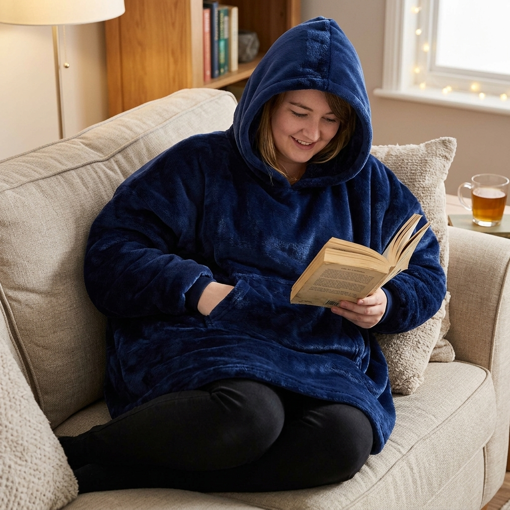 Blue blanket sweater hoodie worn on sofa b12-87519031