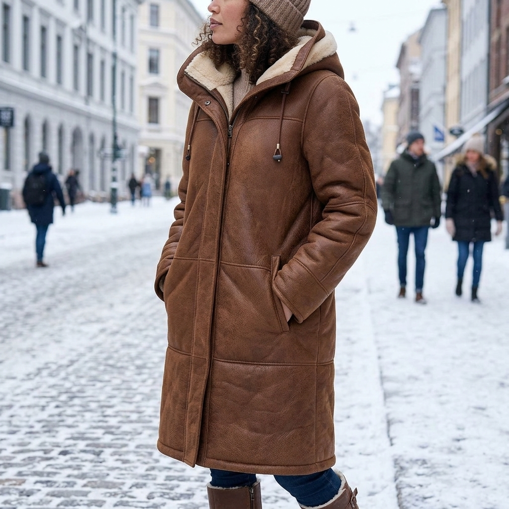 Brown long winter down jacket worn on snowy street b12-56d3e8b3