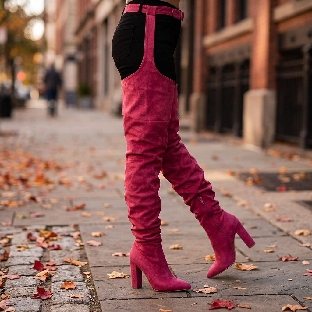 Rose faux suede thigh high slouch boots on city street b12-7ef0b62d