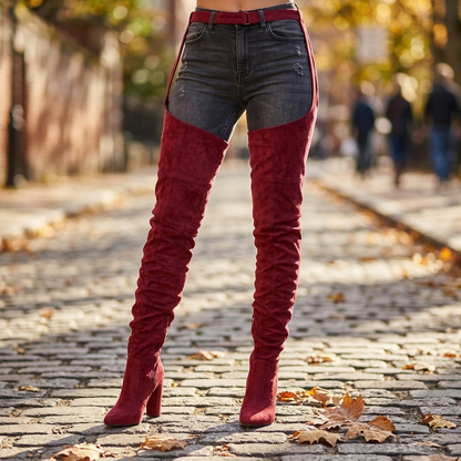 Burgundy faux suede thigh high slouch boots on city street b12-1ae0c114