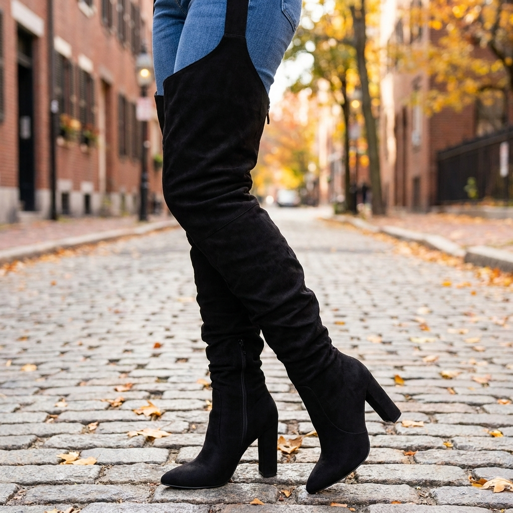 Black faux suede thigh high slouch boots on city street b12-f38245df