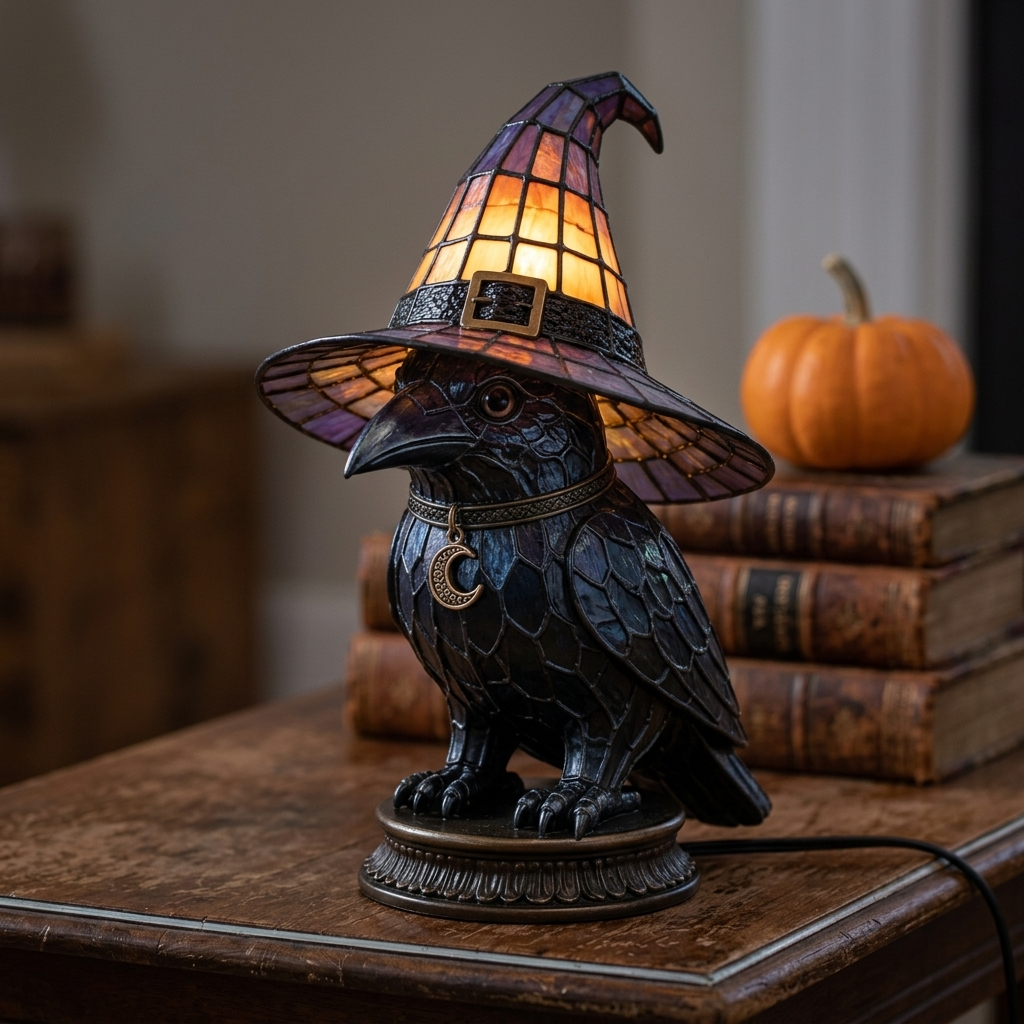 Owl Stained Glass Witch Hat Lamp - Raven lifestyle photo | b13-63a676e7