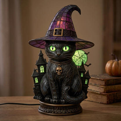 Owl Stained Glass Witch Hat Lamp - Green Cat lifestyle photo | b13-4baea34e