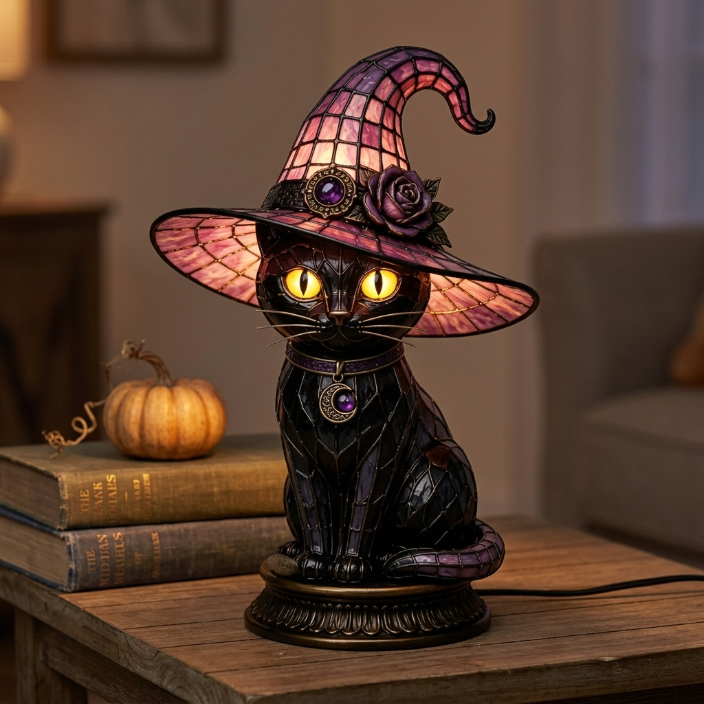 Owl Stained Glass Witch Hat Lamp - Black Cat lifestyle photo | b13-6bf06f4c