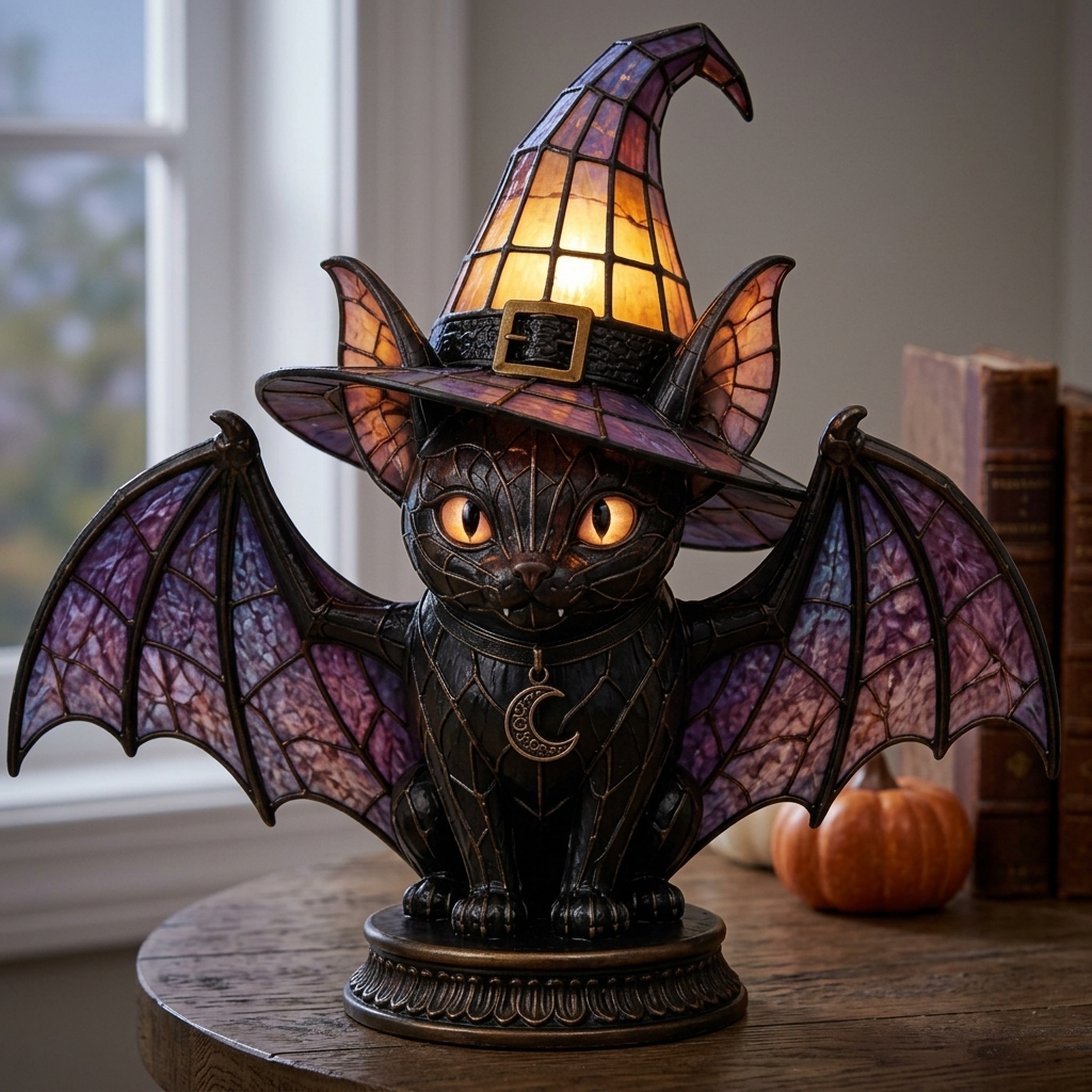 Owl Stained Glass Witch Hat Lamp - Bat lifestyle photo | b13-72d3cda5